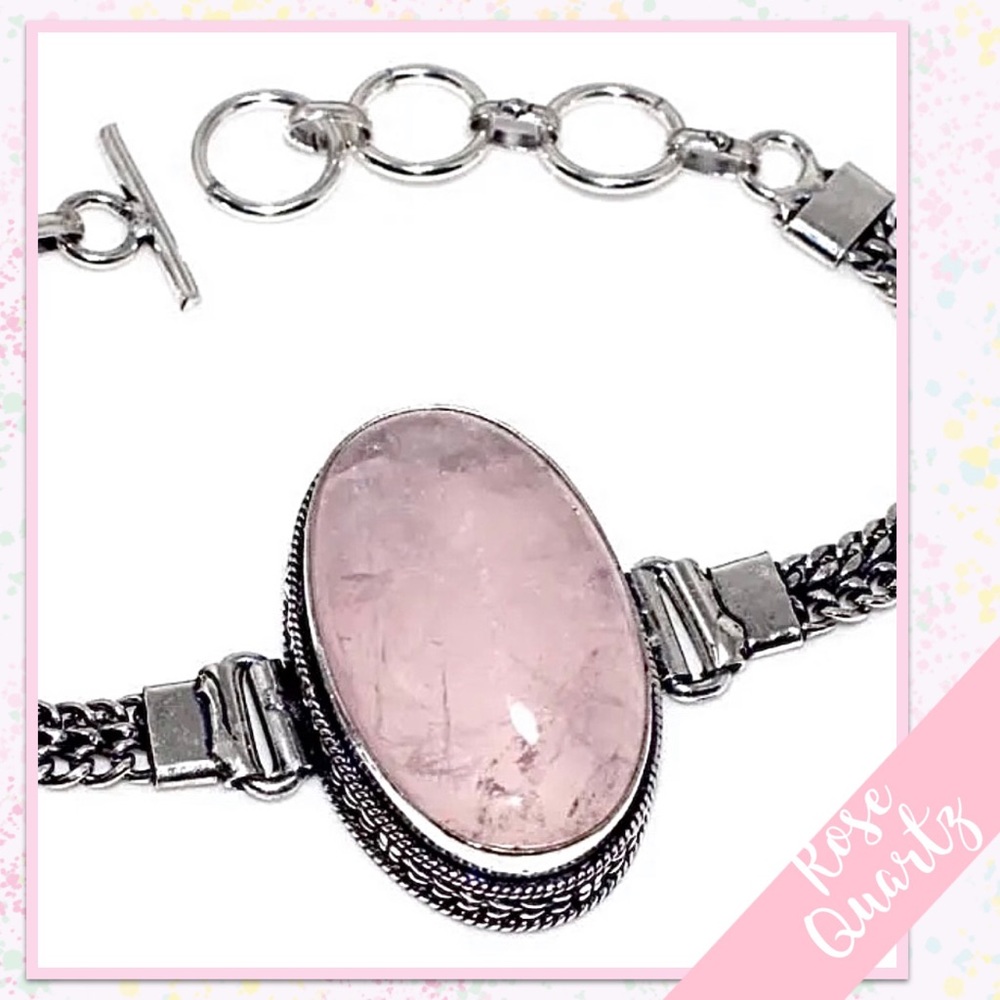 Rose Quartz Eclectic Bollywood Silver Bangle Cuff, Adjustable (Pale Pink) - Picture 2 of 2